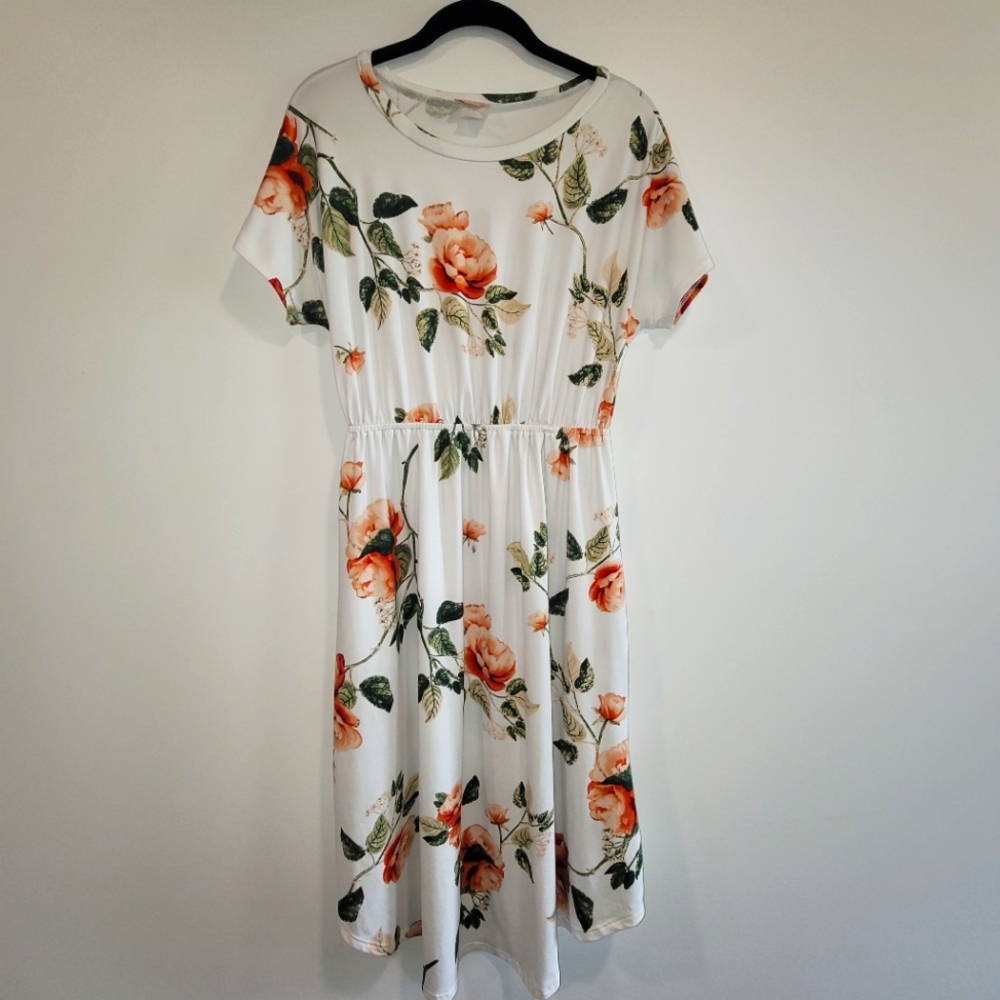 Iconic Luxe Stretch Jersey Rose Casual Dress With Pockets Elastic Waist M